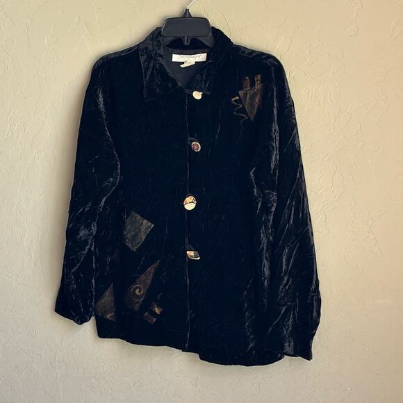 Scallops black crushed black velvet retro‎  80's button front blouse - Picture 1 of 7